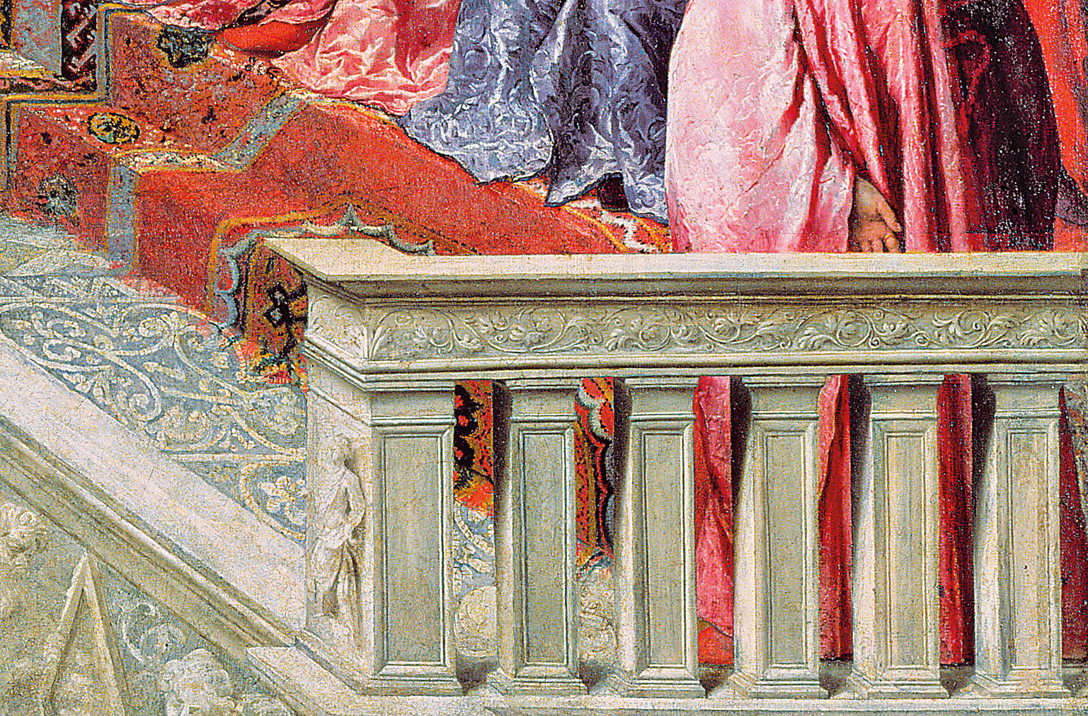 Covering the foreground of the dias of the doge, ruler of Venice, a Mamluk carpet is one of several that appear in Paris Bordone&#39;s 1534 painting, &ldquo; The Fishermen Presenting the Ring to Doge Gradenigo.&rdquo; Although the ceremony it depicts is an embellished legend from the 13th century, Bordone represented it in a contemporary setting that included carpets specifically from his own era. The painting shows the Mamluk carpet in full, <em>above</em>, and detail, <em>below</em>.