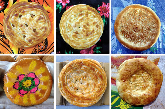 <em>Left-to right from top:</em>&nbsp;Two Samarkand&nbsp;patyrs, flaky with shreds of onion; Bukhara-style, Kritiy bazaar; colorful Samarkand engagement bread with nigella and sesame seeds; Samarkand patyr; Tashkent-style, Ulugbek bazaar.