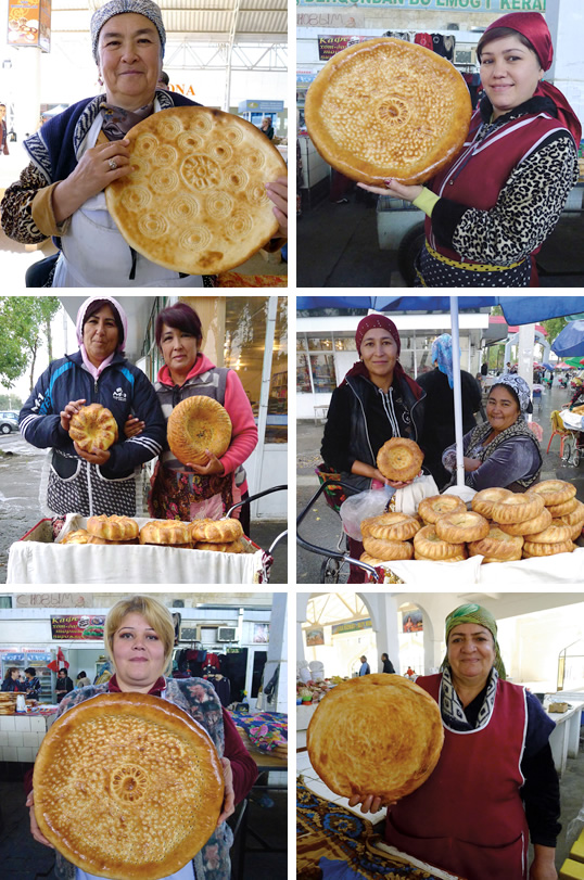 <p><em>Top row:</em> Bread saleswoman Salomat displays non stamped with the storybook names Tahir and Zuhra at her stall in Urgench. Bukhara-style non in the Kritiy bazaar of Bukhara. <em>Middle row:</em> Two photos of vendors each show Tashkent-style non in the Chigatay Darvoza bazaar. <em>Above:</em> Two photos show Bukhara-style non in the Kritiy bazaar.</p>
