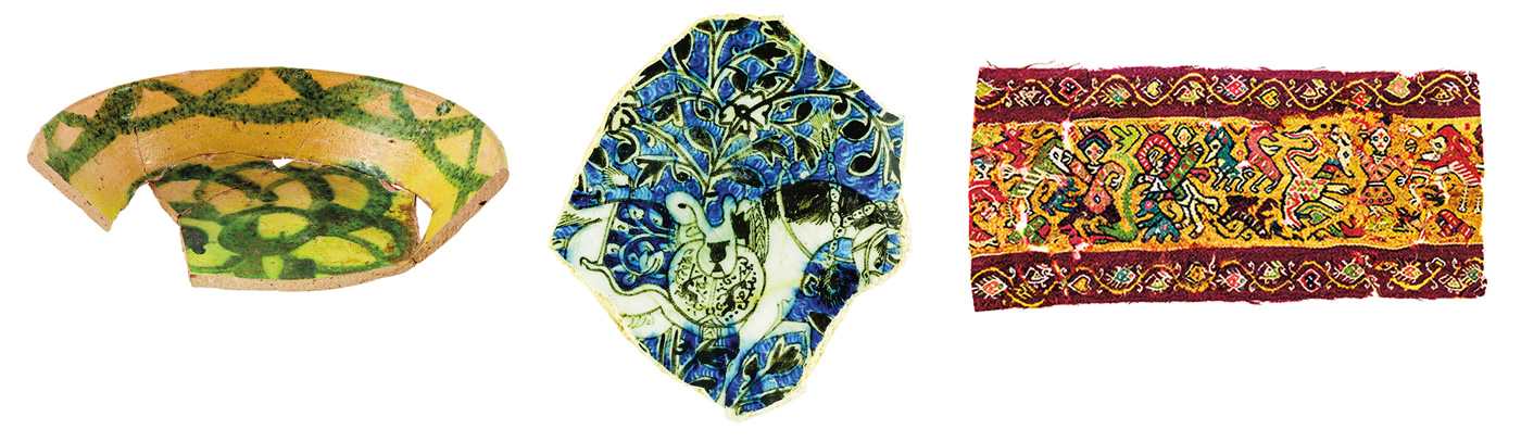 <p><em>Left to right: </em>Fustat became a center of Mediterranean and Indian Ocean trade. Although there were certain religious proscriptions, Fustat&rsquo;s residents by and large had a shared cuisine, some of which was surely served on this glazed bowl. A fragment of a richly decorated fritware bowl has an equestrian design; it may have been displayed on a wall. A brightly dyed band of woolen tapestry, 31 centimeters long and dating between the eighth and 10th century, shows a profusion of human, animal and floral decoration.</p>
