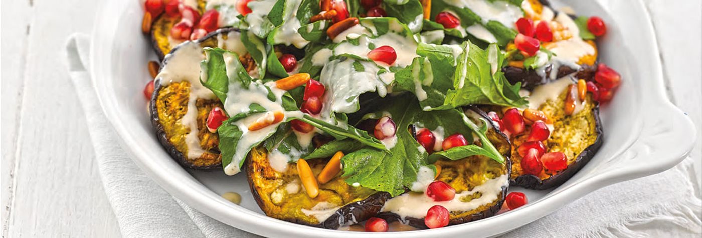 Flavors: Roasted Eggplants With Tahini and Pomegranate Molasses Dressing
