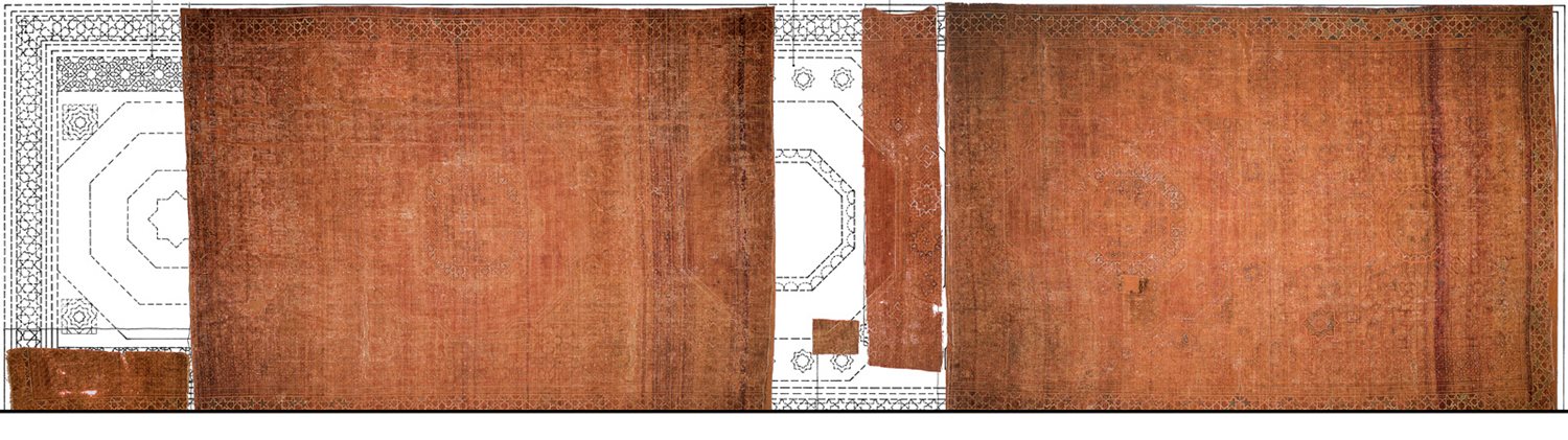 A pattern diagram guides interpretation of the much-faded Generalife Mamluk carpet in Granada, Spain. Measuring 1,184 by 322 centimeters and woven in a single piece, it would have fit neatly into either the Sala de la Barca in the Alhambra palace or the second-floor room of the nearby summer palace, the Generalife. Its design, built around alternating octagons and eight-pointed stars, is most easily appreciated today in details, <i>below</i>, that include a layered, eight-pointed star, <i>left</i>, and strapwork with a pattern of stars and half-stars on a corner border, <i>right</i>.