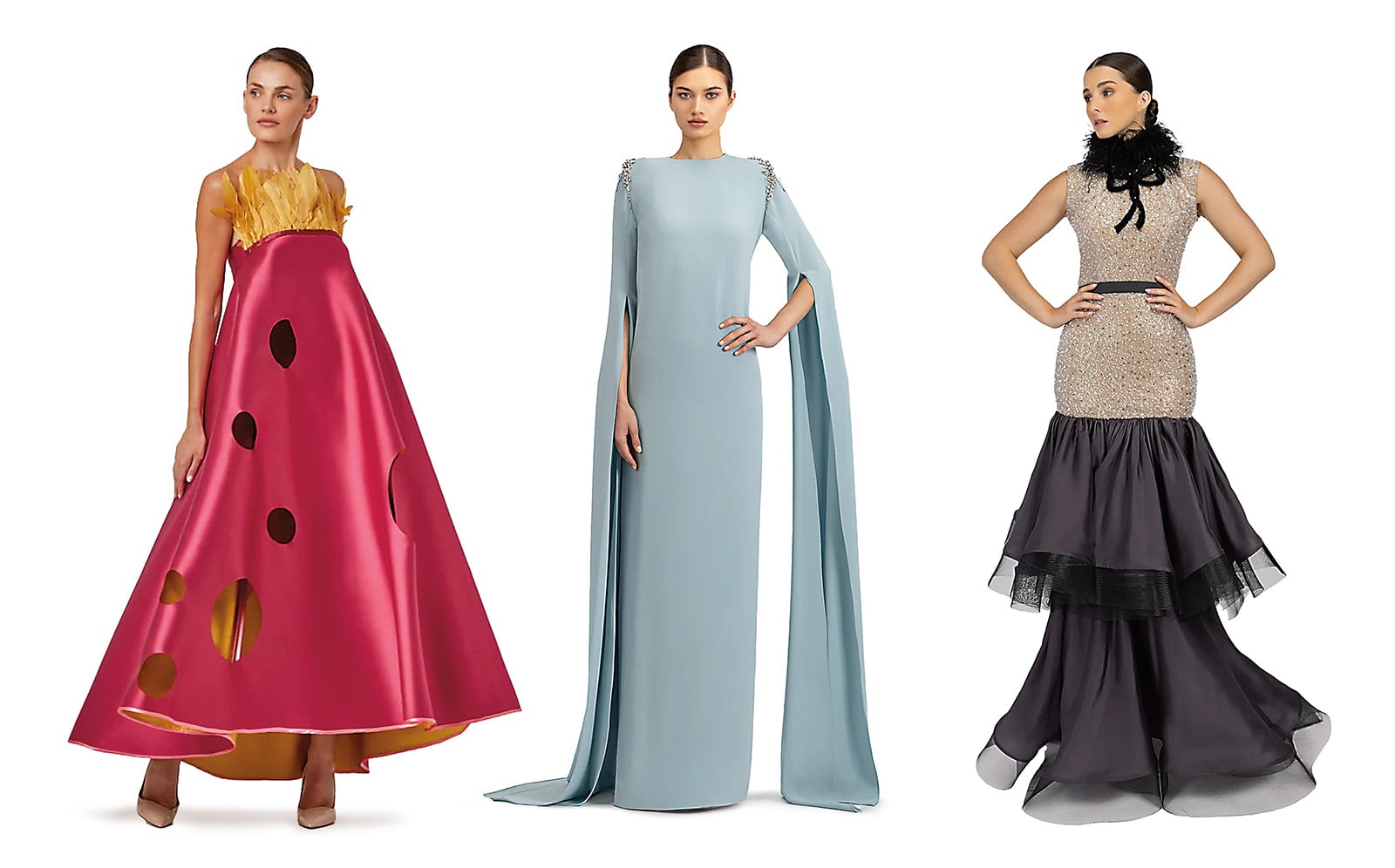 Abid’s website includes gowns that are “demi couture,” meaning an existing silhouette’s color or fabric is changed to the customer’s taste. 