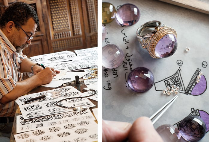 Azza Fahmy&rsquo;s design house is where unique design concepts come to life, from hand sketches to gem selections, <b>above left and right</b>, to the flattening and twisting of filigree patterns and hand-pierced metals by hand.