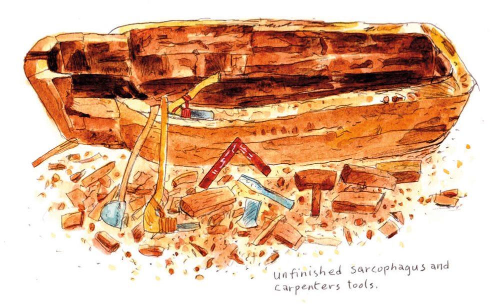 Unfinished sarcophagus and carpenters tools.