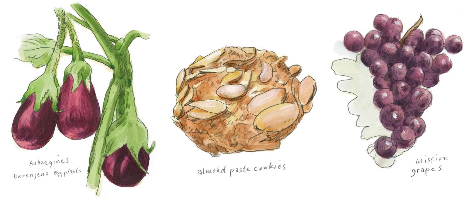 Aubergines, almond paste cookies, Mission grapes