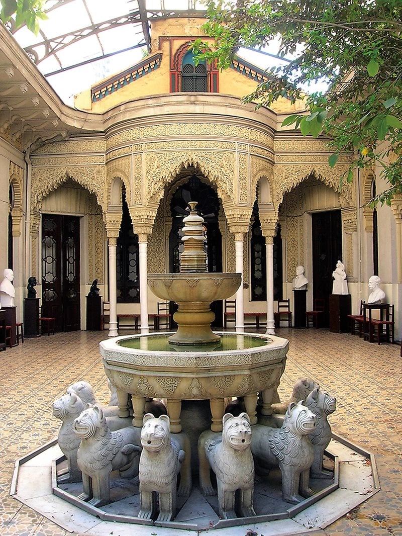 The Palace of the Alhambra in downtown Santiago, Chile, was the first Moorish-style building in Latin America, and it dates from 1862. The work of architect Manual Aldunate, it was originally a private home. It now houses the National Fine Arts Association. (Map I)