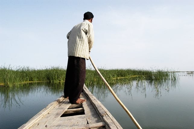 The region known as Abu Zirig, left, is one of the marshland regions re-inundated last year, bringing the total area flooded to about 40 percent of the original expanse. Alwash and staff members of the year-old Center for the Restoration of Iraqi Marshes (CRIM) make regular journeys in the slim, poled boats of the Ma'dan people to record water levels, salinity, pH and temperature, and to count birds and fish. 