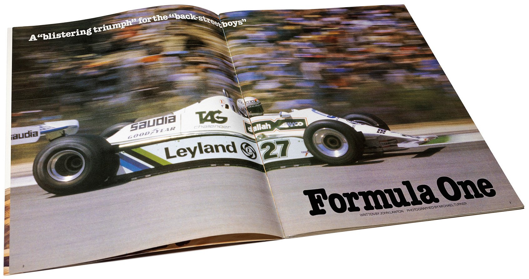 Amid the roar of racers zooming toward the finish line in London during the 1980 Grand Prix, longtime auto-racing photographer and renowned artist Michael Turner trained his lens on a Saudia-Williams FW 07. Its Australian driver, Alan Jones, was about to make history. Slowing his camera’s shutter speed, Turner clicked away while following his lens along with the speed of the car, causing it to stay in sharp focus and blurring the background of fans. This technique, called “panning,” shows the race car is in motion—and about to drive off the page to victory in the March/April 1981 cover story “Formula One.”