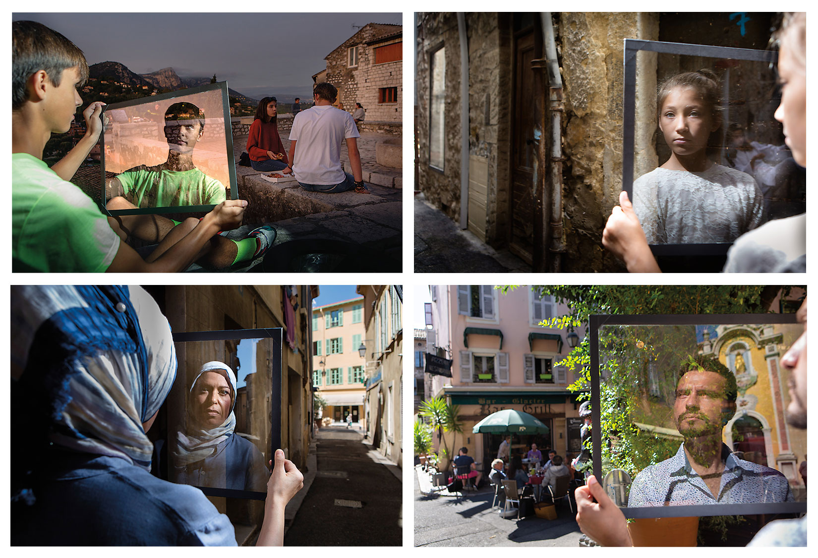 One day I encountered a photo of a man looking through a car window as sunlight reflected his view of the nearby cityscape. Soon afterward, I began this portrait series, of which four images are shown here, in my hometown of Vence, near Nice, France. I photographed residents in moments of daily life while looking through glass, and I added further perspective with interviews. It was a challenge to create such multilayered narrative portraits, especially as 
I was determined to avoid digital retouching. The area before the glass had to be in deep shadow for the reflected scene to be visible. The reflected scene, in turn, had to be extremely bright. My subjects had to hold the glass in a precise position while excluding me, the camera, and my assistant holding the softbox flash that provided supplementary light.