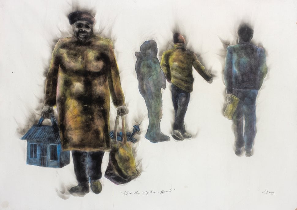 Langa’s “What the city has offered,” 2019, 130x175 cm, smoke and acrylic on canvas