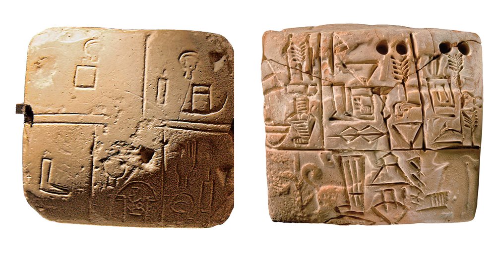 <p class="label">Left: Sumerian, ca. 3200 <span class="smallcaps">bce</span>, Mesopotamia&nbsp; / Right: Sumerian, ca. 3100 <span class="smallcaps">bce</span>, Mesopotamia</p>
Cuneiform developed from pictographic characters, called proto-cuneiform, such as those that appear on the tablets <b>above, left and right</b>. Such very early writing was most commonly a way of recording economic information: The tablet at top right most likely documents grain distributed by a large temple, and it shows also faint imagery produced by the rolling of a cylinder seal. More than 2,000 years later, the pictograms had become complex signs skillfully impressed into clay.
