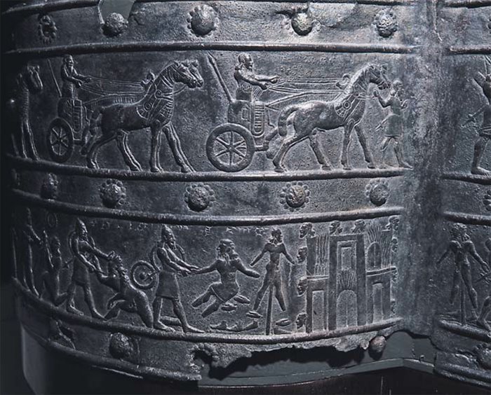 <p>Among Rassam&rsquo;s other notable finds were 16 bronze bands embossed and engraved with figurative scenes and called the Gates of Balawat, after the village, some 15 kilometers northeast of Nimrud, near which they were found. The bands adorned a pair of wooden doors to a palace of Shalmaneser iii. This particular band shows the Assyrian conquest of Khazazu, a city in northwestern Syria known today as Azaz.&nbsp;</p>
<br />
&nbsp;