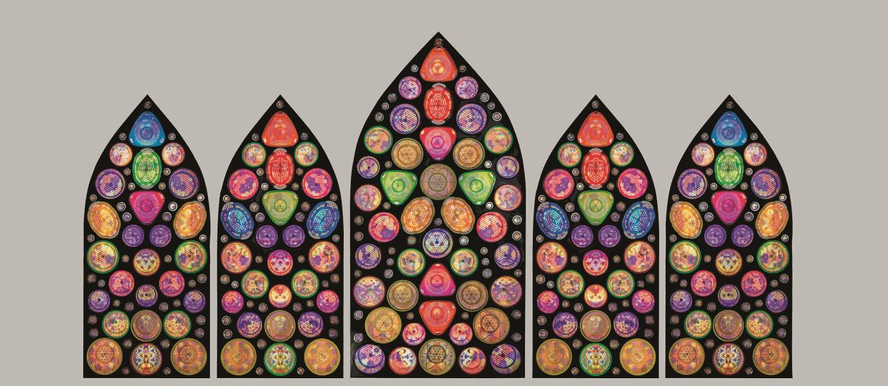 Assembled from everyday kitchenware such as plastic colanders, Rashed Al-Shashai&rsquo;s 2013 &ldquo;Heaven&rsquo;s Doors&rdquo; effuses color, emulating stained glass windows and acting as &ldquo;a spiritual cleanser of the soul,&rdquo; says the artist. Lower: Ahmad Angawi&rsquo;s 2012 &ldquo;Street Pulse,&rdquo; shown at &ldquo;Phantom Punch,&rdquo; comprises 3,600 microphones and draws on the artist&rsquo;s assertion that dialogue develops community.