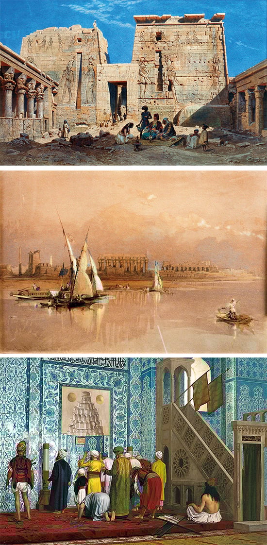 Left American painter Frederick Arthur Bridgeman’s luminous “Preparations for the Wedding,” painted in Tunis circa 1885-86, is regarded as a stylistic bridge between neoclassical academicism and impressionism. Right One of the later Orientalists, Jacques Majorelle, from 1917 not only focused on everyday life, as in “Souq El-Khemis” (Friday Market), but also showed a modernist fascination with color, pattern and texture. 