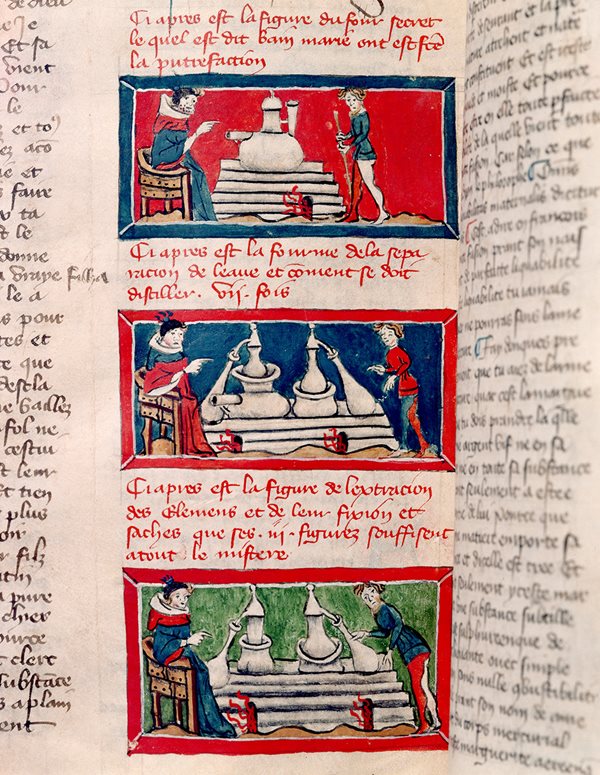 A French manuscript from the 14th century depicts alchemists at work. Some 500 years later, French chemist Henri Moissan was shown at work in his lab at Paris&rsquo;s l&rsquo;Ecole de pharmacie, <em>below</em>.
