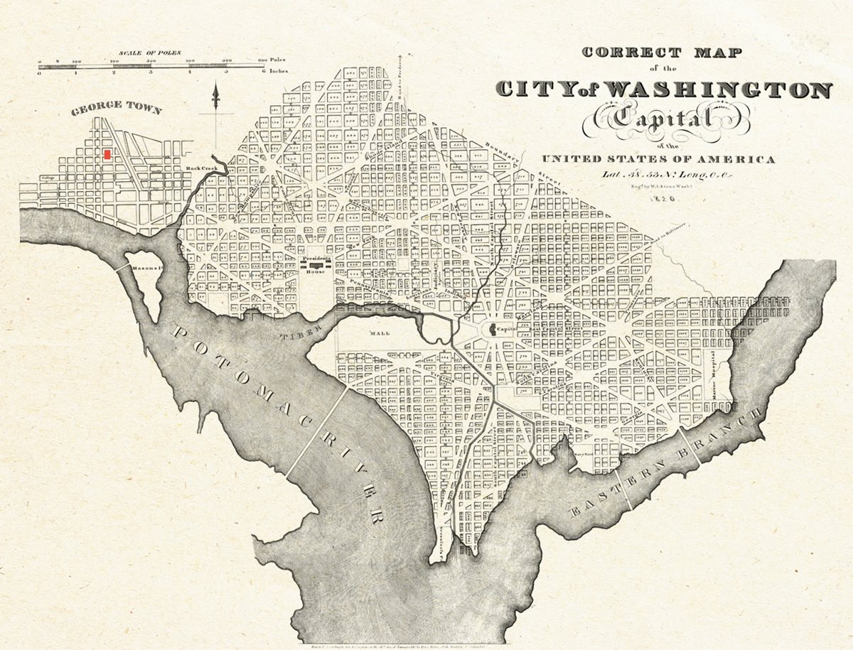 <p>The location of Yarrow Mamout&rsquo;s home in Georgetown is marked in red <em>above&nbsp;</em>on this 1820 map of Washington and its environs. <em>Below right</em>: Enslaved people pass in front of the <span class="smallcaps">us</span> Capitol around 1815.</p>
