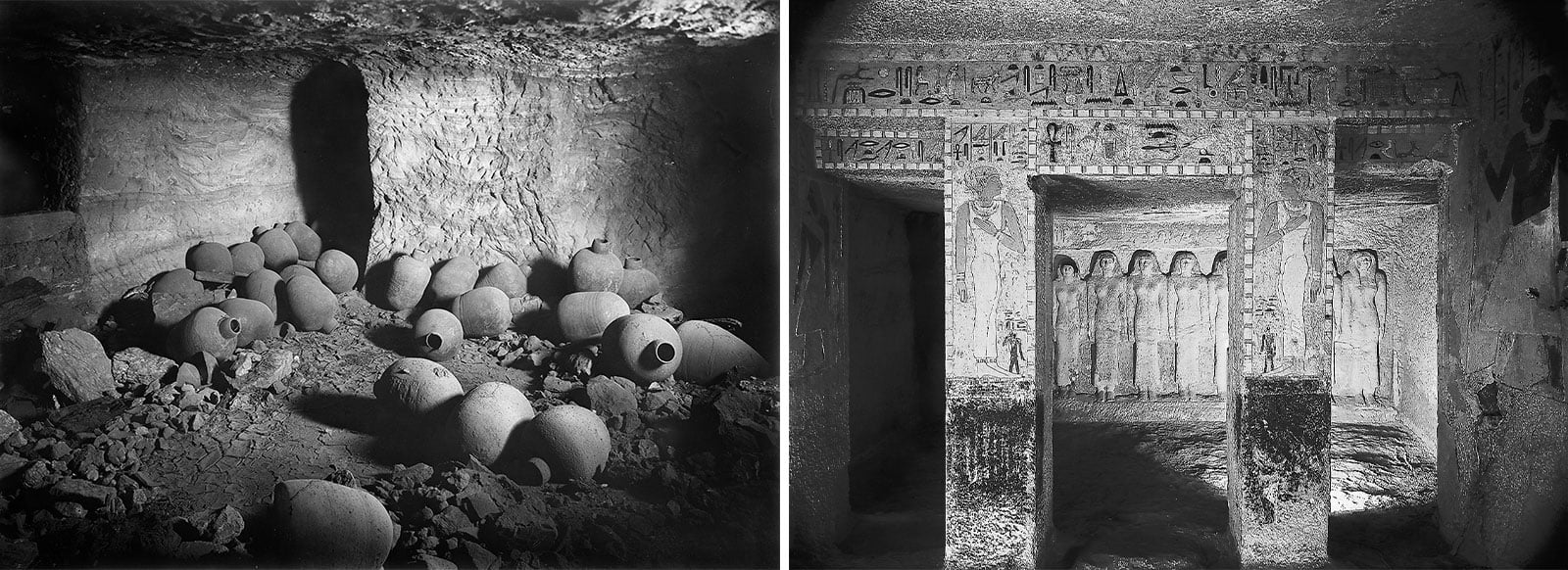 Similarly, at <b>left</b>, light rakes pottery vessels in this 1921 photo of the Begrawia Pyramid N 17, giving depth and detail to the space. <b>right</b> Creating his own light source for the background, this photo from 1927 in Giza&mdash;where Reisner did most of his excavations&mdash;shows evenly lit detail on two planes in the subterranean chapel of Queen Meresankh III.