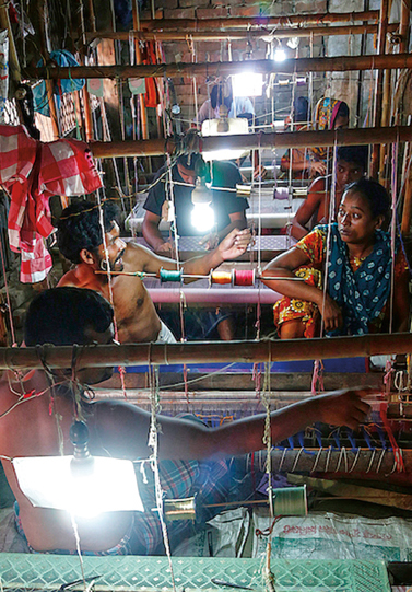 <p>Although muslin weaving is nearly non-existent today, pit-loom workshops such as this one in Sonargaon, near Dhaka, continue to produce <em>jamdani</em> saris, which most likely take their name from Persian words meaning a vase of flowers. Delicate yet far less fine than true muslin, jamdani is made by weavers who have kept alive the tradition of fine weaving in Bangladesh.<br />
Yet as one weaver pointed out wryly, he could earn twice as much in a factory, so &ldquo;being a weaver makes little sense. It&rsquo;s more a habit than a profession.&rdquo;</p>

