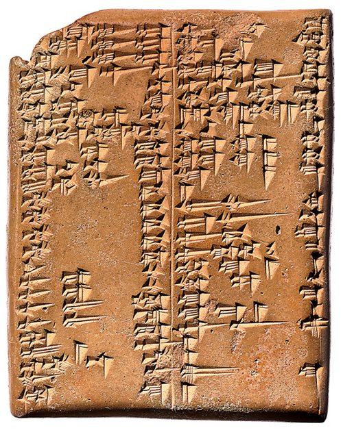 <p class="label">Late Babylonian, ca. 1000 <span class="smallcaps">bce</span>, Mesopotamia</p>
This tablet shows cuneiform entries in Sumerian in the left column and Akkadian translations in the right column.