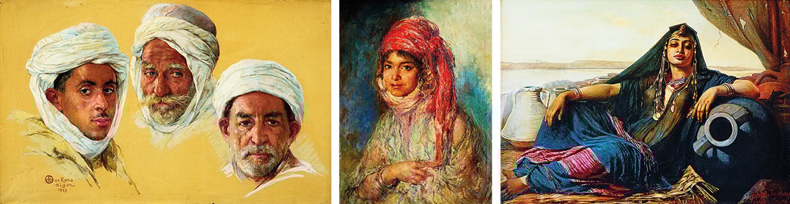 Left Émile Deckers was a Belgian Orientalist who, like Dinet, moved to Algeria, where he became noted for his portaiture, such as “Three Chieftains,” 1937. Center Fellow Belgian Edouard Verschaffelt also resided in Bou Saâda, where his sensitive impressionist portraits include “Young Girl with Red Scarf,” who looks back at the painter with an unidealized gaze. Right Few women painted in the Orientalist style, but among them was Danish artist Elisabet Jerichau-Baumann, who traveled extensively and painted “An Egyptian Pottery Seller near Gizeh” in Cairo in 1876. “Strong-minded and puzzling,” wrote historian Caroline Williams of the painting that today can appear poised between play to a male gaze and defiant pride.
