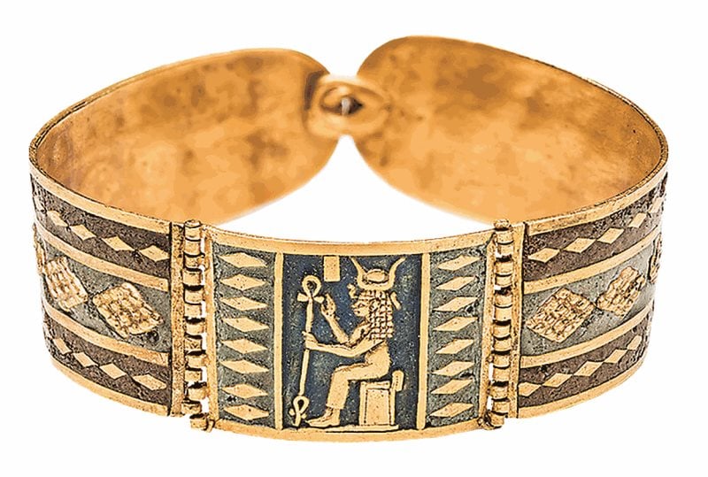 This Nubian gold bracelet from 100 BCE centers the goddess Hathor, who represented love, fertility, motherhood and music. 