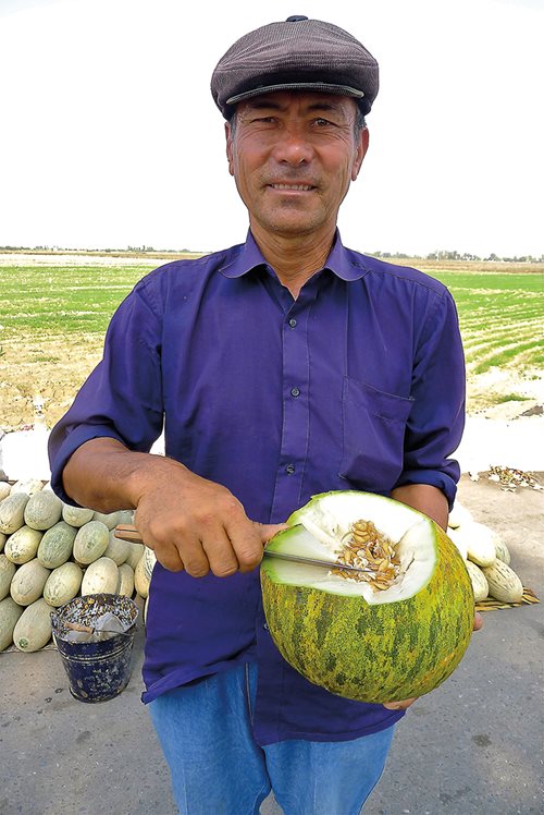 <p>Along the road between Tashkent and Samarkand, melon salesman Mirza Baxodir offers passersby samples of one of his Obinavat melons at his stall at the Sirdaryo bazaar. &ldquo;Anyone accustomed to this fruit in Europe,&rdquo; wrote Capt. Frederick Burnaby in 1876, &ldquo;would scarcely recognize its relationship with the delicate and highly perfumed melons of Khiva.&quot;</p>
